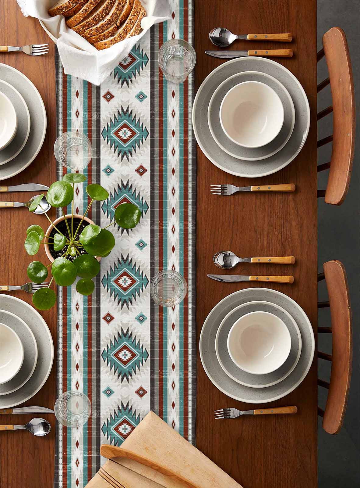 Turquoise Brown Burlap Cotton Table Runner 16x72 Inches Long, Southwestern Stripe Western Rustic Aztec Farmhouse Table Runners, Outdoor Dining Tablecloths Decor for Baby Shower/Party/Wedding