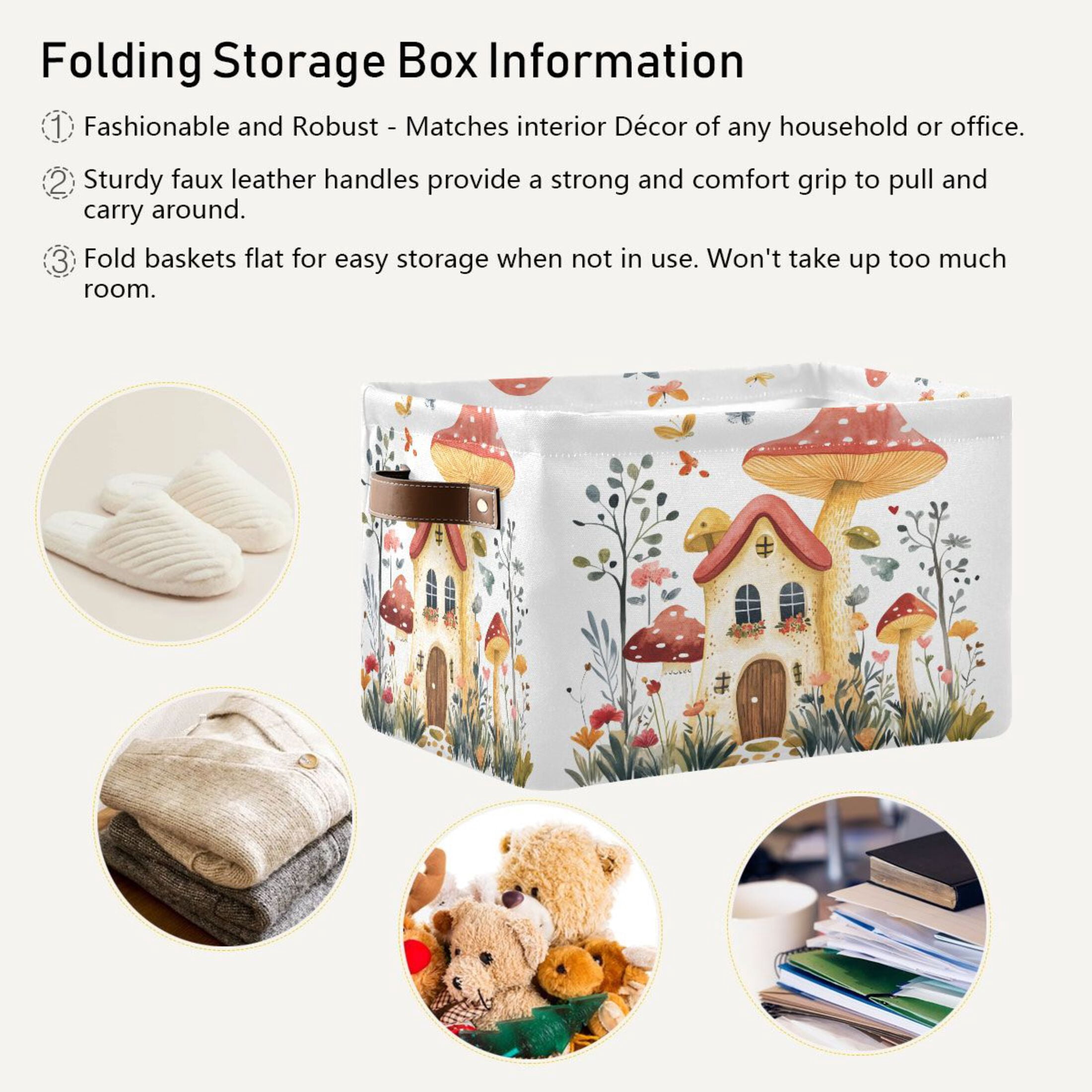 Ryvnso Mushroom on House Storage Basket Large Bin Foldable Boxes Toys Organizer 14.2x10.2x8.3in 2 PCs