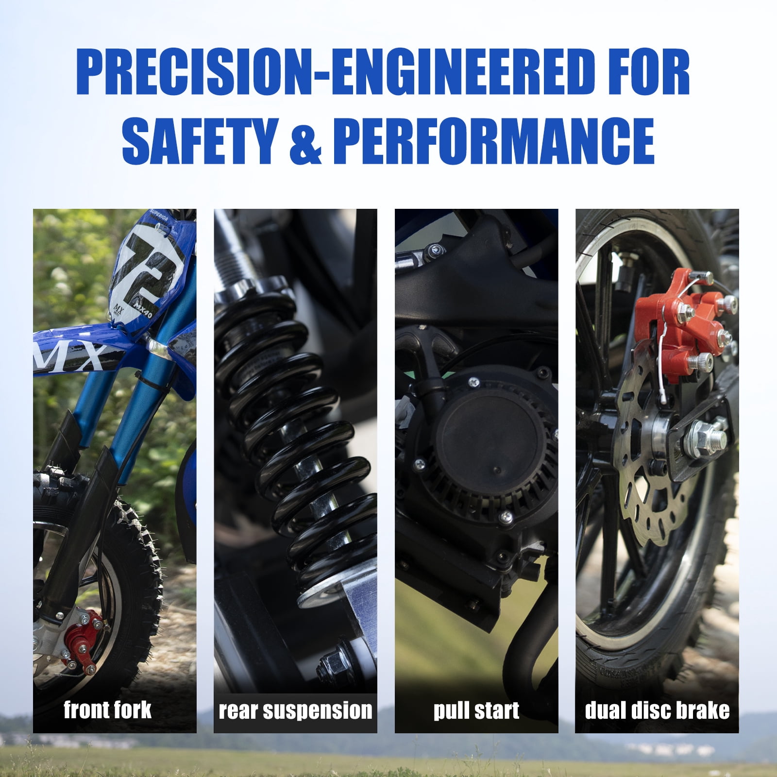 2-Stroke Off-Road Motorcycle, Kids Dirt Bike 49cc Gas Powered - 24 MPH Max Speed with Shock Absorber & Dual Disc Brakes，Kill Switch, Max Load 220LBS BLUE