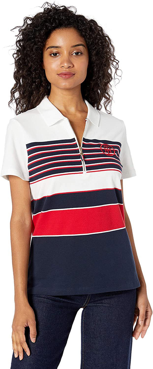 Tommy Hilfiger Women's Short Sleeve Zip Polo Shirt, Optic White Multi ...