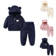 thumbnail image 3 of Odeerbi Toddler Boys Girls Fall Winter Outfits Flannel Fleece Sherpa Hooded Jacket Pants Set Children Babys Home Lounge Sets Velvet Outerwear Sets Toddler Clothes Navy, 3 of 3