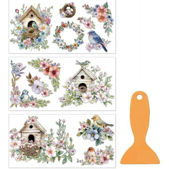 3pcs/Set Bird Flower Rub on Transfers for Furniture and Crafts 6x12 Inch Birdcage Wreath Furniture Decals Transfer Stickers Rub on Decal with 1pc Scraper for Wood Furniture Home Decoration 1 Set