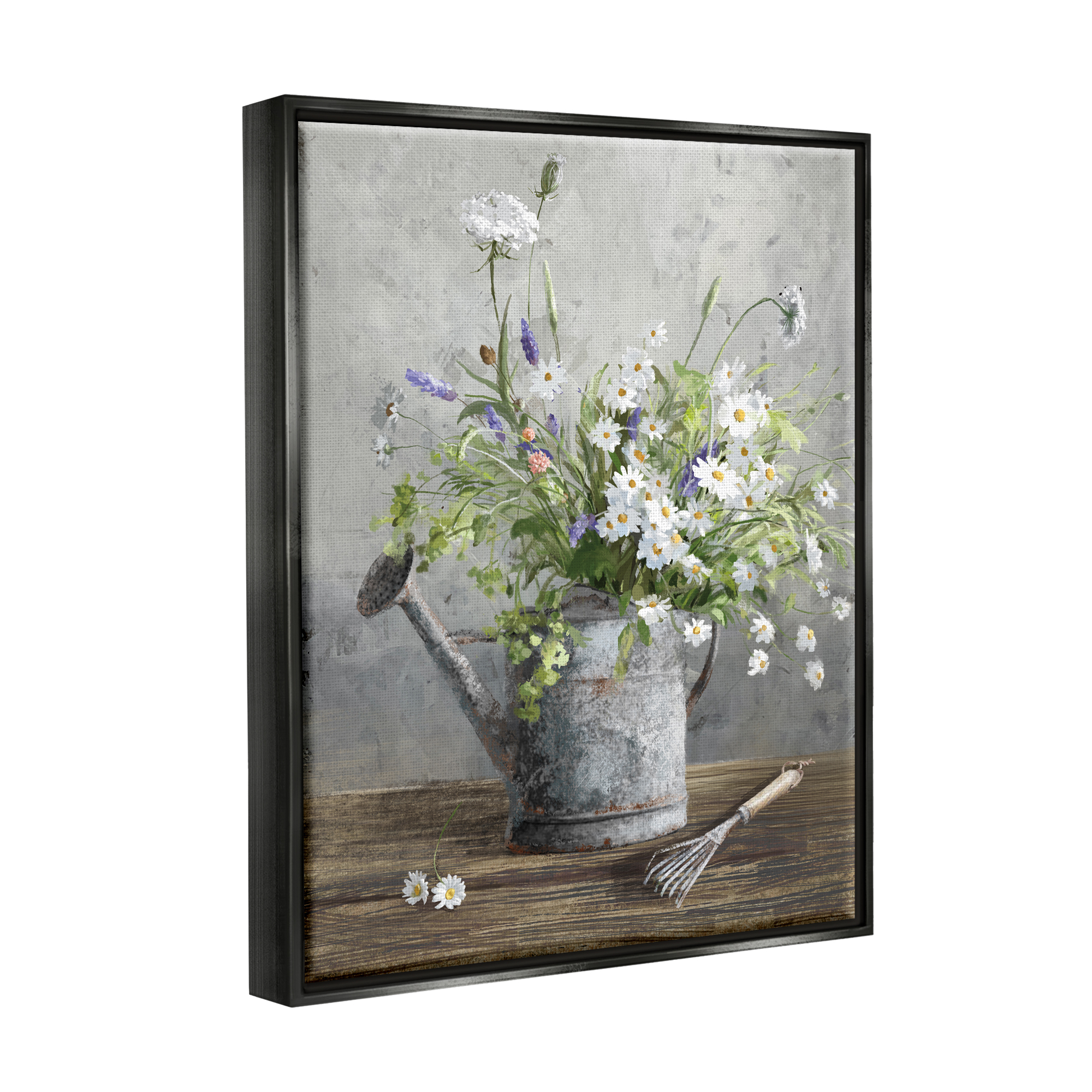 Stupell Industries Gardening Can Daisy Bouquet Botanical & Floral Painting Black Floater Framed Art Print Wall Art, 25 x 31