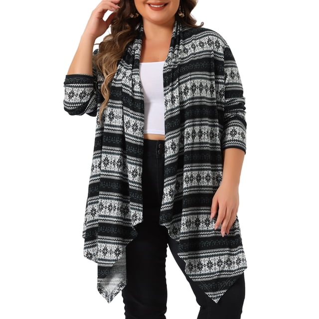 GRACE & GRANDEUR Women's Plus Size Front Open Cardigan Lightweight Boho Striped Long Cardigans Sweaters Black 2X