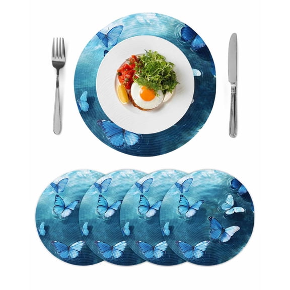 Blue Butterfly Round Placemats Set of 4 for Dinning Tables,Heat-proof Braided Table Mats 15 Inch,Modern Elegant Water Ripples Washable Place Mat for Kitchen Restaurant Party Decor Table Setting