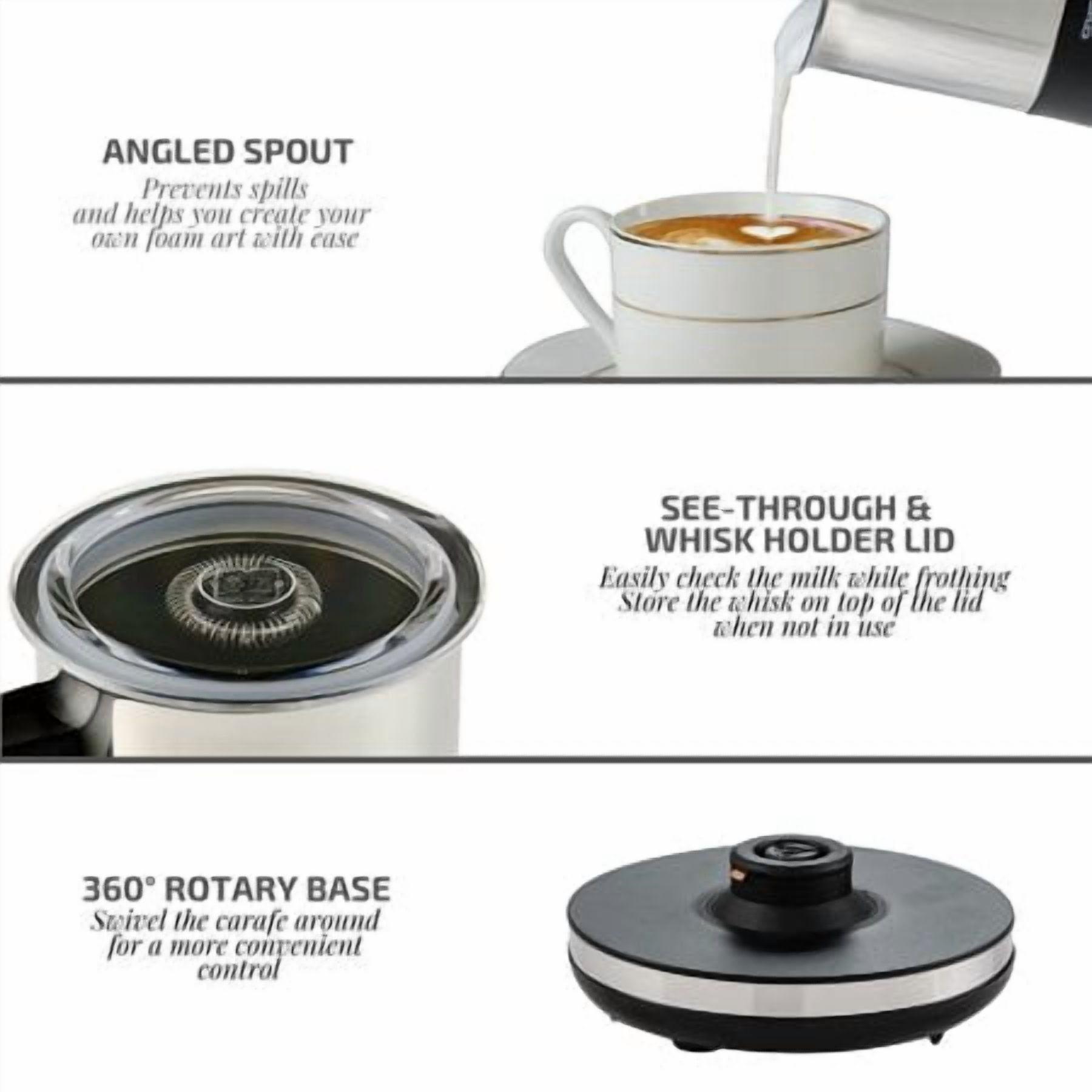 OVENTE Electric Milk Frother & Warmer, Hot & Cold Foam Maker, Auto Shutoff, Silent Operation, for Coffee, Latte, Cappuccino & Hot Chocolate, Compact Design, Black, FR1208B