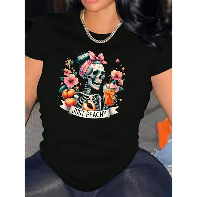 English Floral Skull Pattern Print Women's Fashion Trendy Round Neck Short Sleeve, Simple Casual Sports T-shirt, Holiday Comfortable Summer Top Women's Clothing