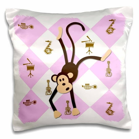 3dRose Dancing Monkey. Pink. Musical Instruments. Kids Dcor. Cool print, Pillow Case, 16 by 16-inch