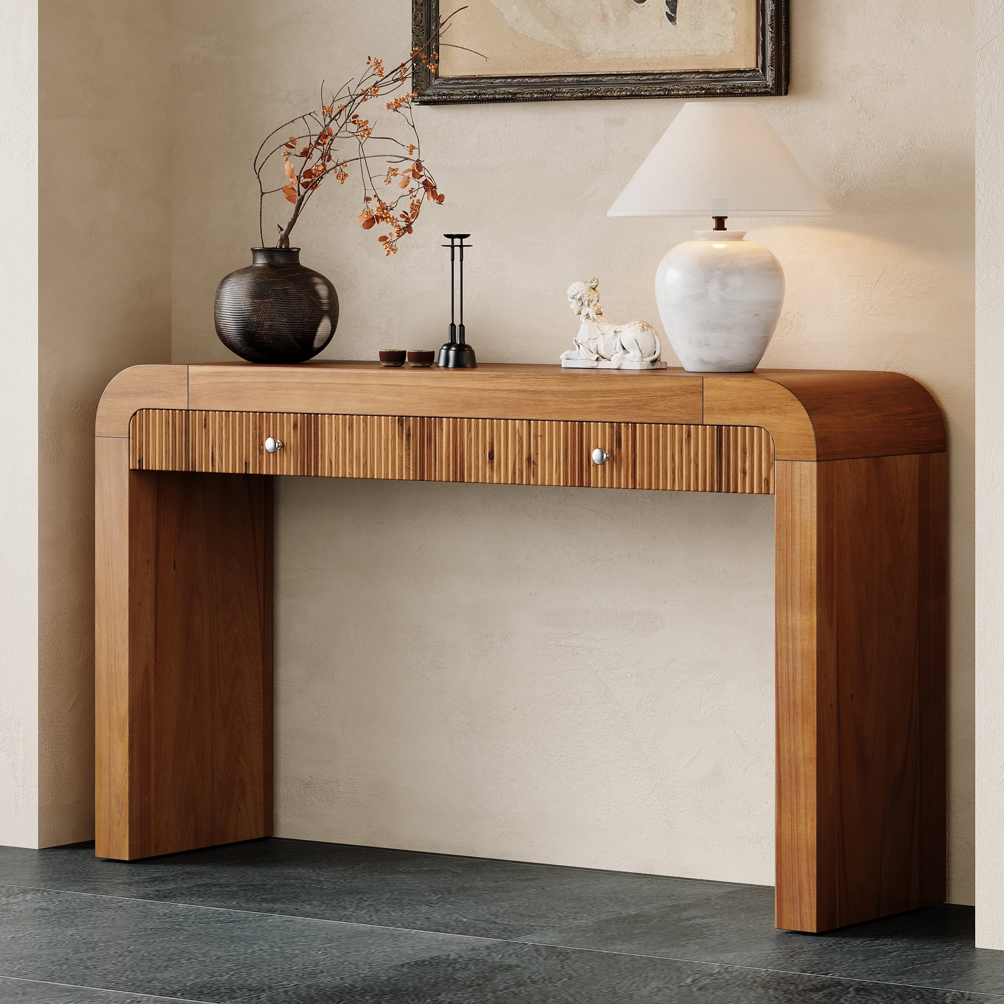Harper & Bright Designs Wood Console Table with Storage , Flutde Entryway Table with Curved Corners for Hallway & Living Room , Brown