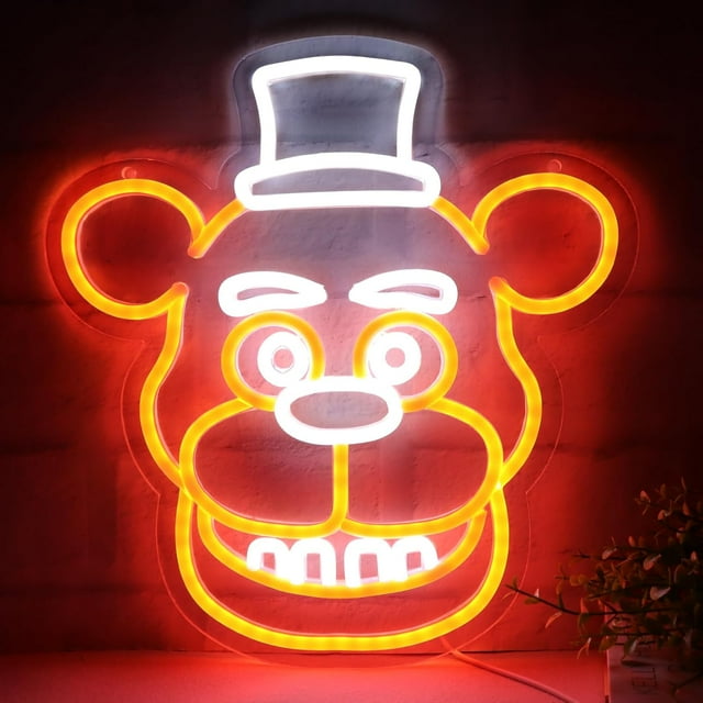 Five Nights at Freddy's/fnaf freddy neon signs for wall decor,LED Neon Lights for Bedroom,birthday、Christmas Gifts for kids 5V Power Adapter 12 * 13Inch(wite+orange)