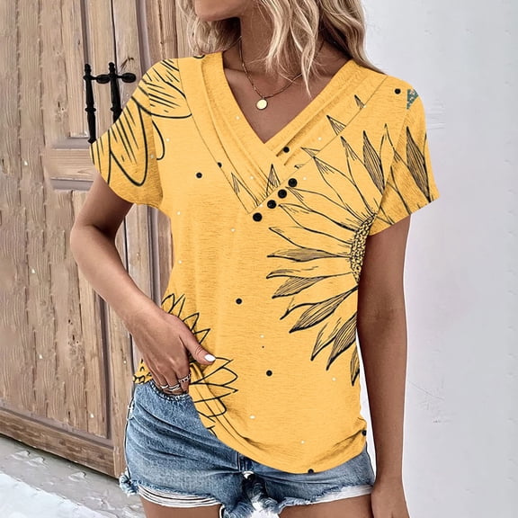 CLOISE T Shirts for Women Graphic V Neck Short Sleeve Tee Summer Loose Casual Tops Fashion Elegant Breathable Shirts Comfortable Sunflower Print Tunic Tops Yellow L