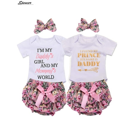 

Spencer Newborn Baby Girl Letter Tops Romper Jumpsuit and Printed Pants with Headband Bodysuit Outfit Clothes Set White & Pink (#B 80cm)