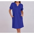 thumbnail image 4 of Robes Mini d'Été pour Femmes Manches Courtes Bouffantes Décontractées Col en V Printemps Plissé T-Shirt Tunique Plage Robe Courte m, 4 of 6