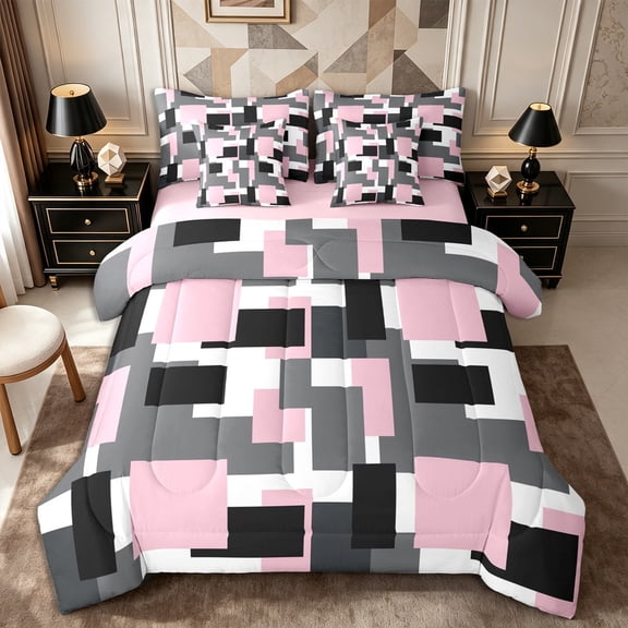 Castle Fairy Mid Century Block Print 7-Piece Twin Bedding,Minimalism Square Motif Bedding Comforter Set,Pink Black Gray,Reversible
