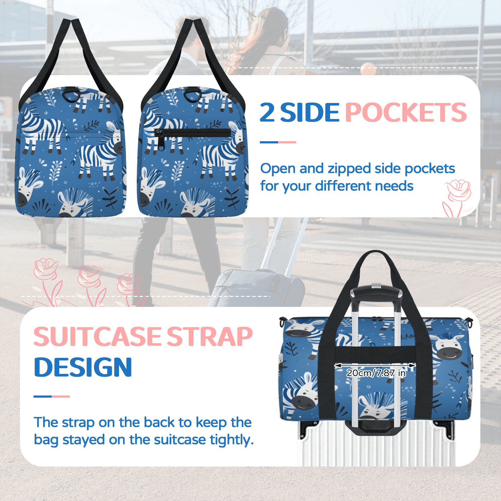 Herdesigns Zebra Gym Bag for Women, Duffle Bag for Travel Sport, Leaf Plant Lightweight Waterproof Carry on Weekender Dance Yoga Workout Bags