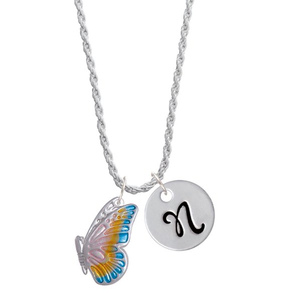 Delight Jewelry Silvertone Large Translucent Pastel Flying Butterfly Silvertone Script Initial Disc - N - Charm Necklace, 20"+3"