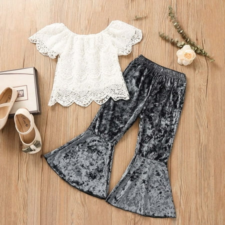

CHGBMOK Clearance Toddler Baby Girl Summer Outfits Lace Short Sleeve Flared Velour Pants Suit
