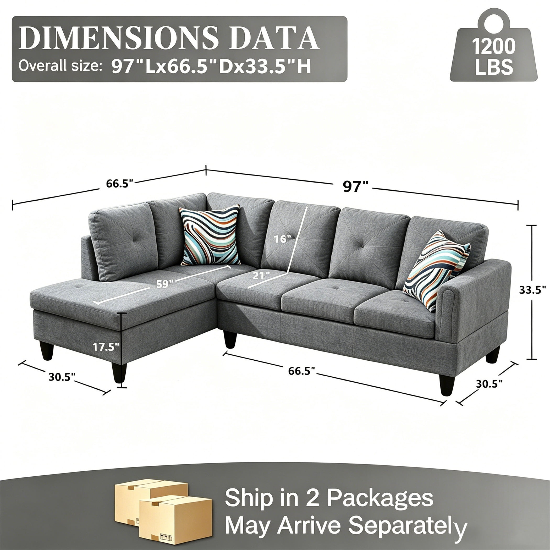 Aukfa 97" Classic Sectional Sofa 4 Seat L shape Couch with Oversized Left Chaise for Living Room, 2Pillows, Linen, Gray