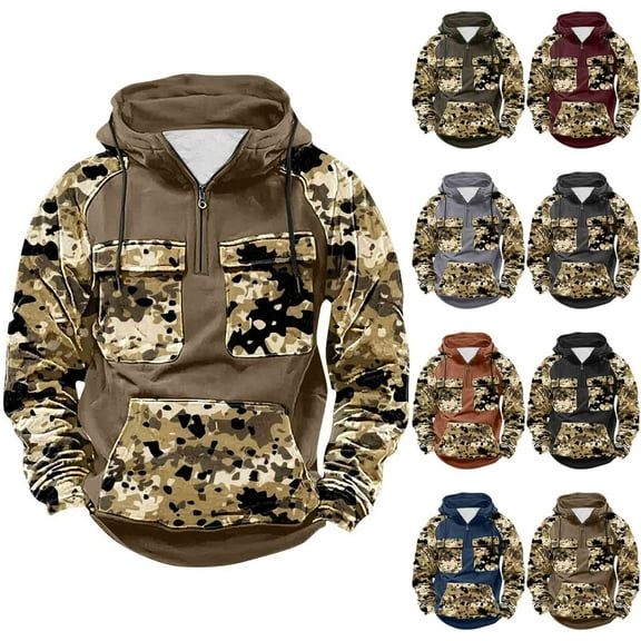 LMOIPLI Camouflage Print Hoodies for Men Military Mens Fleece Lined Quarter Zip Cargo Sweatshirt with Multi Pockets Army Green S