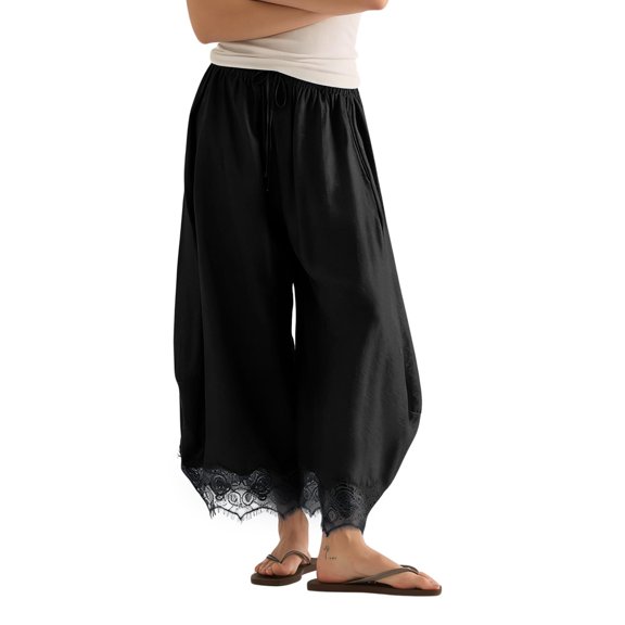 WGRFFH Women's Cropped Lace-Hem Pants,High Waisted Drawstring Wide Leg Pants Summer Boho Casual Lightweight High Rise Lounge Trousers with Pockets,Ruffle Flowy Beach Vacation Barrel Palazzo Black L