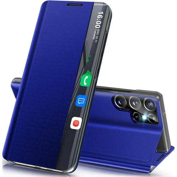 Sumao for Samsung Galaxy S24 Ultra Smart Clear View Window with Kickstand,Leather Flip Protective Case-Blue