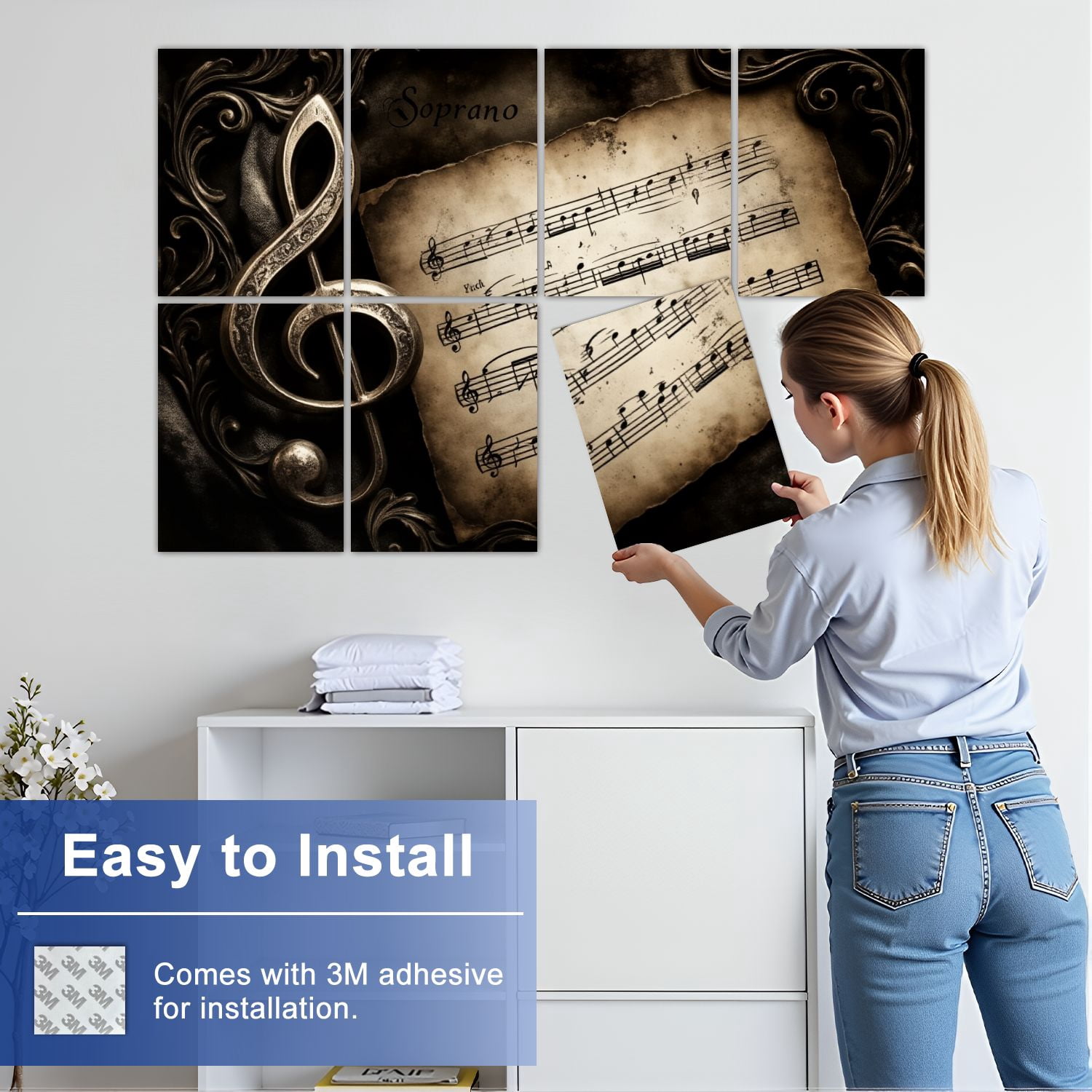 Musical 8 Pack Art Acoustic Panels Sound Absorbing Vintage Sheet Music Clef Ornate Frame Decorative Soundproof Wall Panels Self Adhesive for Nursery Game Room Music Classroom 48"x32"