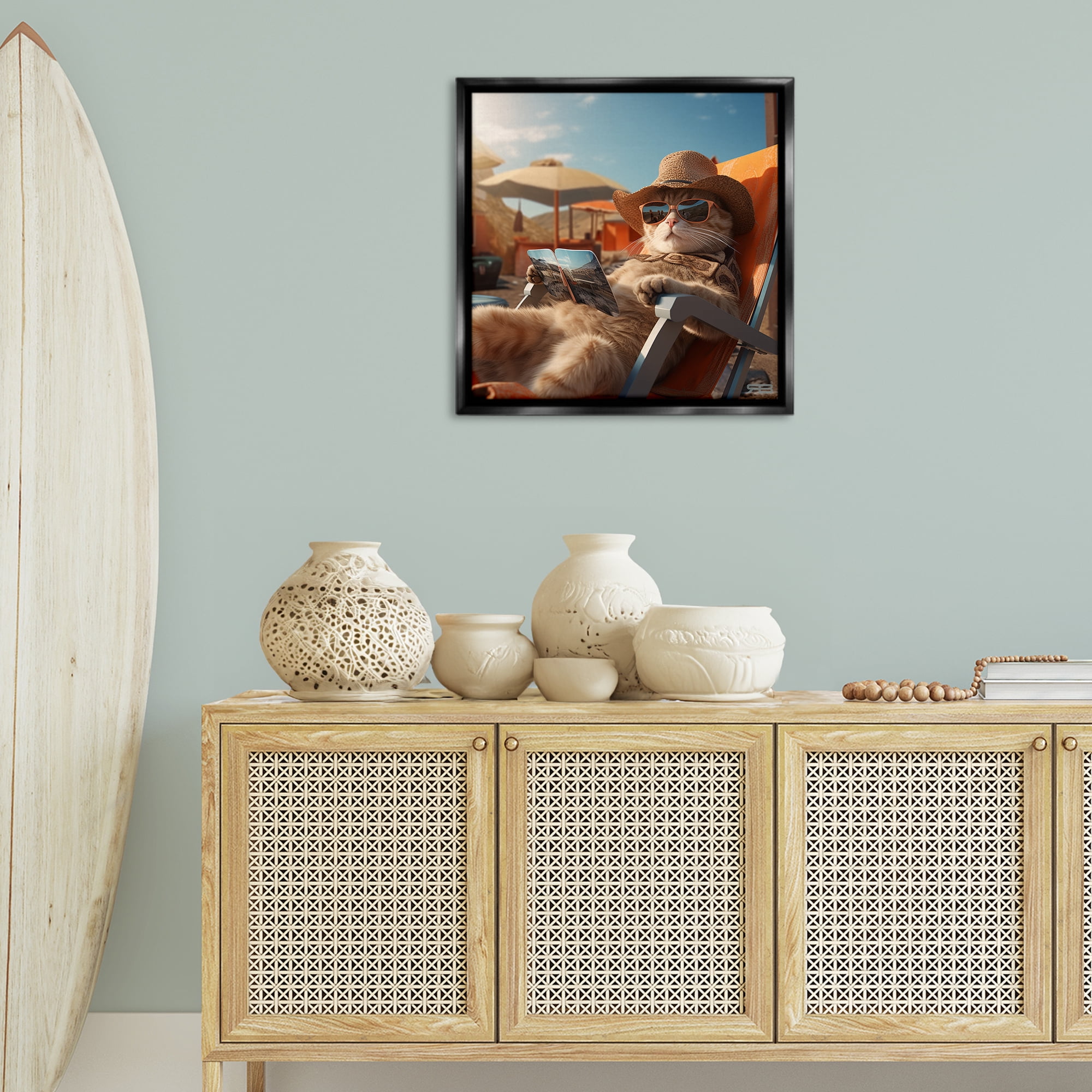 Stupell Industries Relaxing Cat Lounge Chair Animals Painting Black Floater Framed Canvas Art Print Wall Art, 25 x 25
