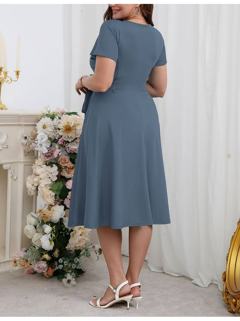 Folunsi Women's Plus size Dresses Casual V-Neck Midi Dress Wedding Guest Dress with Pockets Grey-4XL