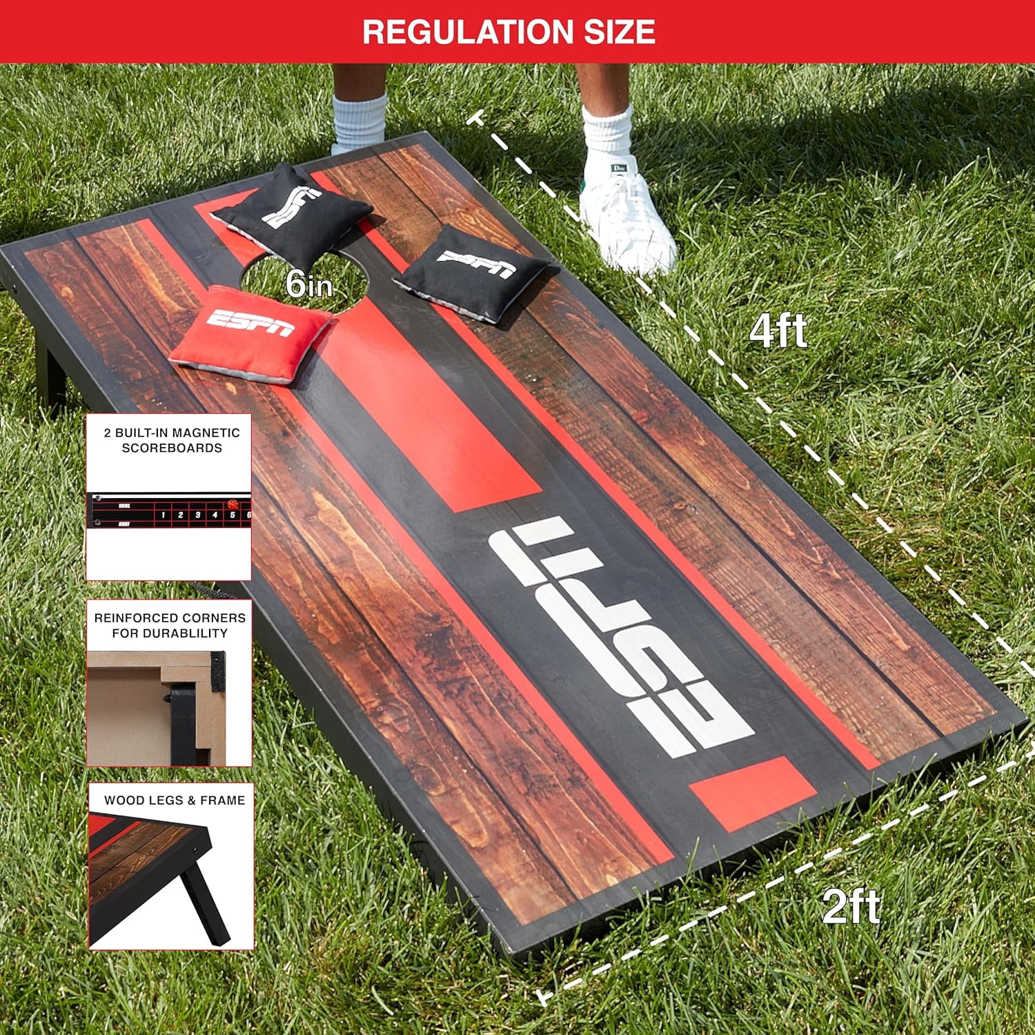 ESPN Cornhole Board Set, 2 x 4 Feet Wood Cornhole Boards with 8 Cornhole Bags and Travel Case