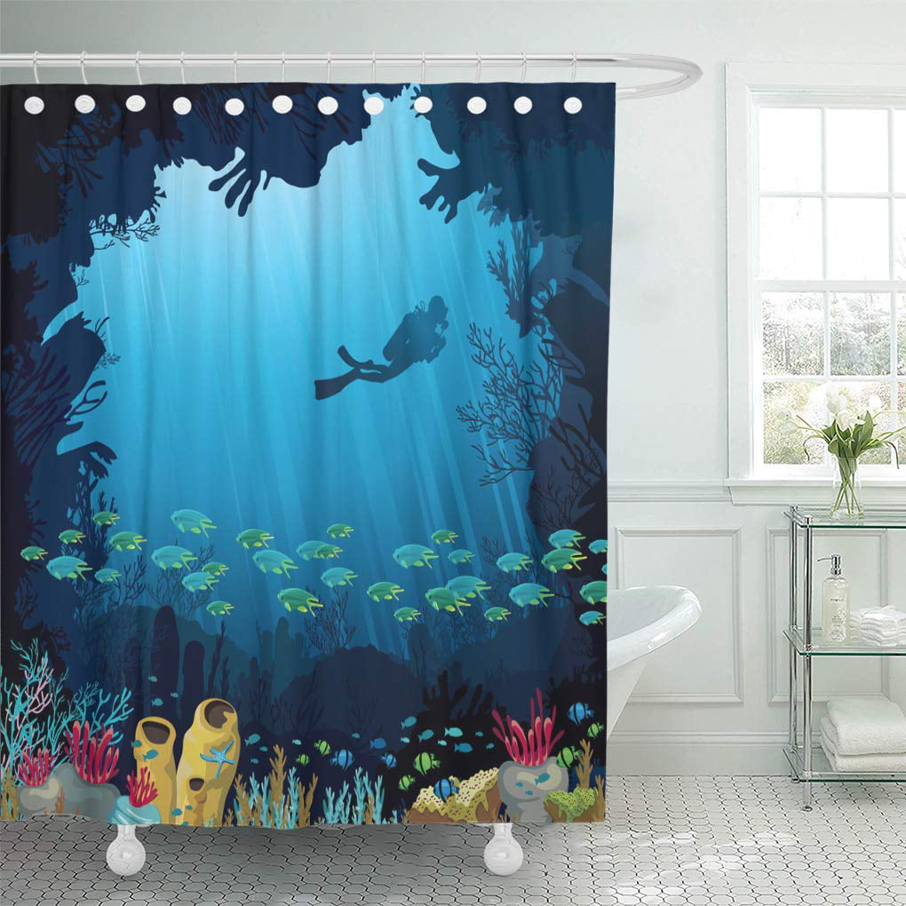 Suttom Colorful Ocean C Reef Fish, Diver Shower Curtain