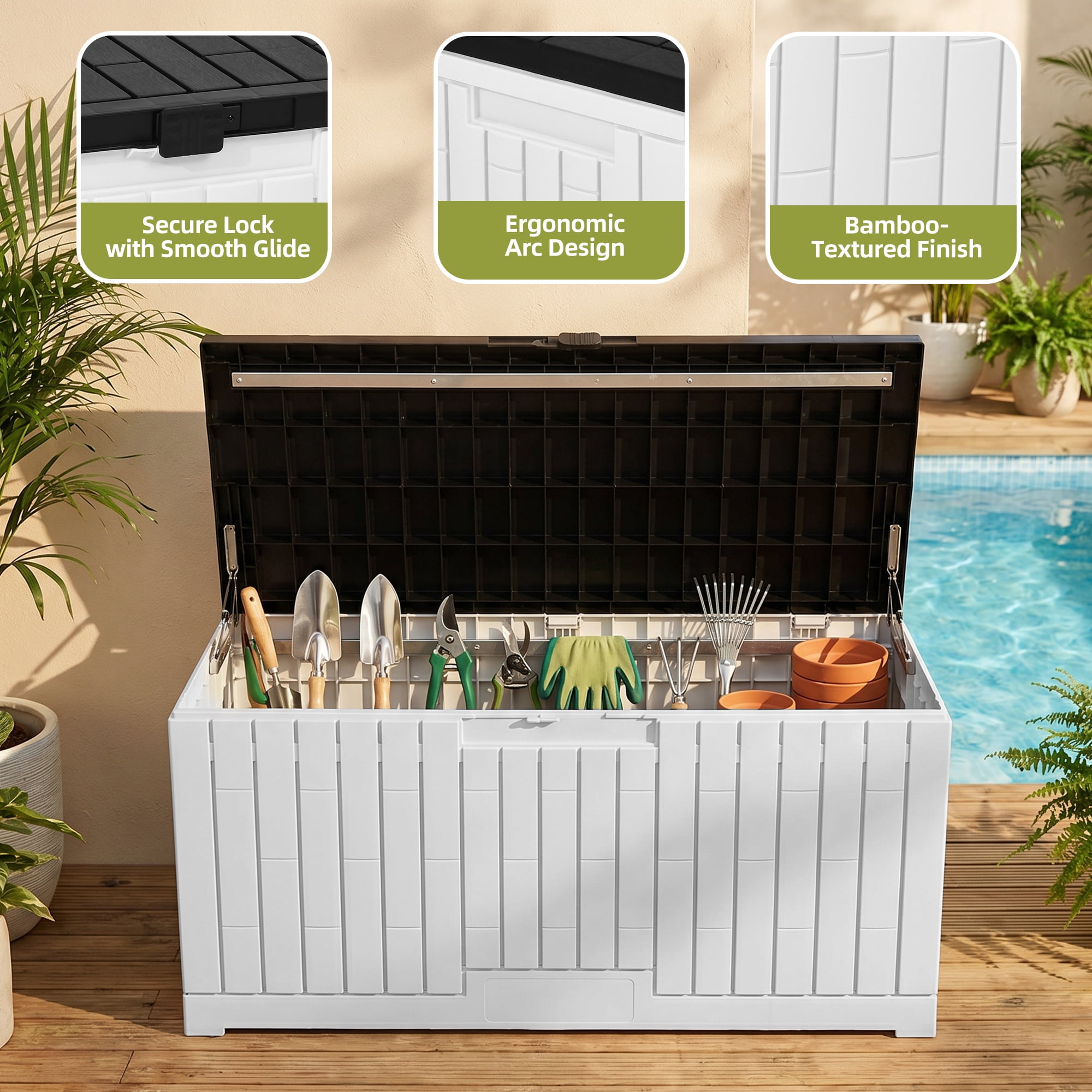 Dextrus 120 Gallon Weatherproof Resin Outdoor Storage Box, Slide Lock Patio Deck Bench for Garden Pool Yard, Easy Assembly, White