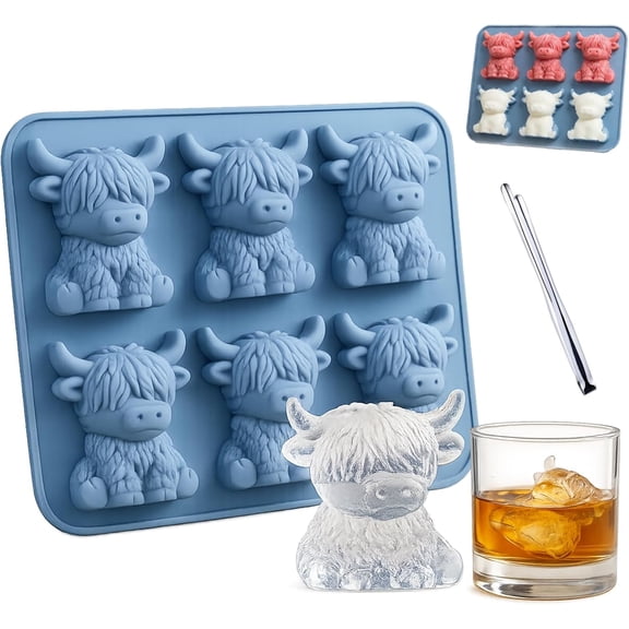 Mini Highland Cow Ice Cube Mold 3D Cow Silicone Ice Cube Tray for Whiskey Cocktails Cute Animal Ice Mold for Drinks Chocolate Candy Jelly DIY Mold 6 Cavity