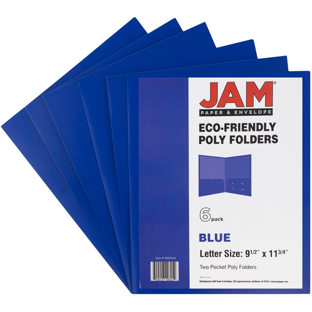 JAM Paper Medium Weight Plastic Folder, Blue, Two Pocket, 6/Pack