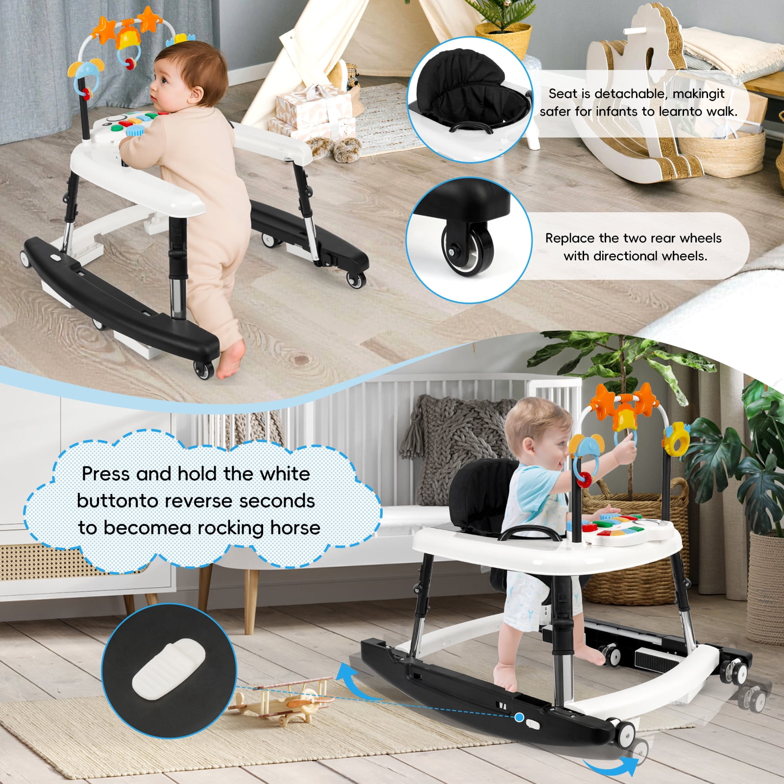 XIOYIG 5 in 1 Baby Walker, Music and Lights Walker for Baby Boy Girls 6-18 Months, Foldable Baby Walkers with Wheels and Bouncer Combo Portable, Toddler Infant Walker with Adjustable Height,Black