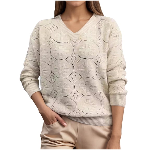 Ayolanni White Ladies Sweaters Hollow out V-Neck Long Sleeve Clothes Light Solid Casual Sweaters Jumpers for Women M