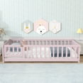thumbnail image 4 of Harper & Bright Designs Twin Size Floor Bed with Fence and Door, Wood Twin Platform Bed with Guardrails for Bedroom, Pink, 4 of 16