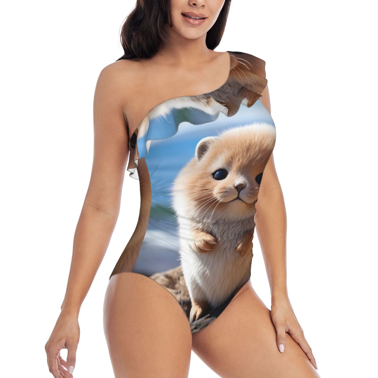 Rateoe Cute Guinea Pig Sea Pattern Women One Piece Swimsuits Tummy Control One Shoulder Bathing Suits Ruffle Swimwear-Large