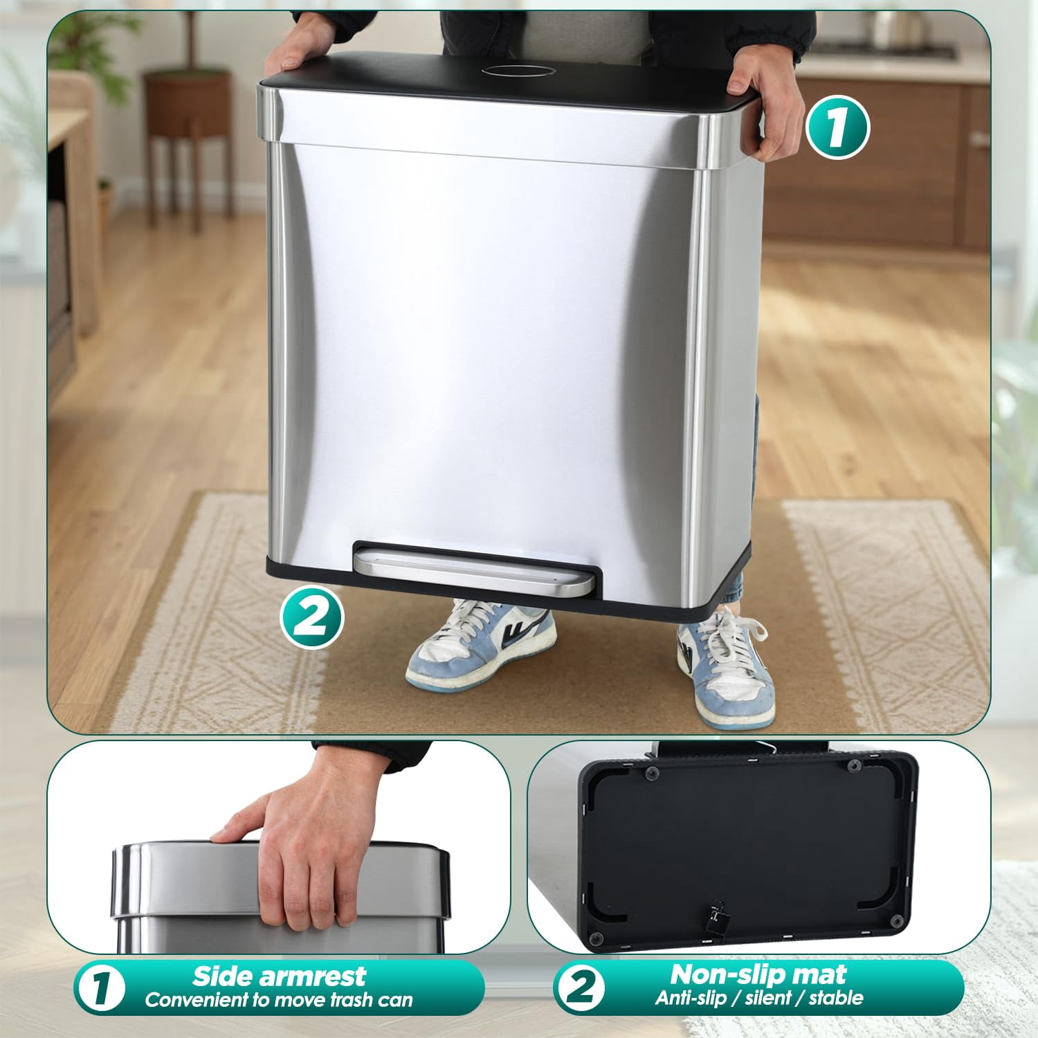 FDW Stainless Steel 16 Gallon Garbage Can for Office Bedroom，Kitchen Trash Can with Lid