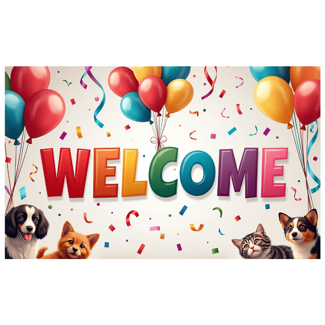 Welcome Party Backdrop Banner with Colorful Balloons and Cute Pets Perfect for Celebrations Events Gatherings Birthdays Reusable Decorative Signage Festival