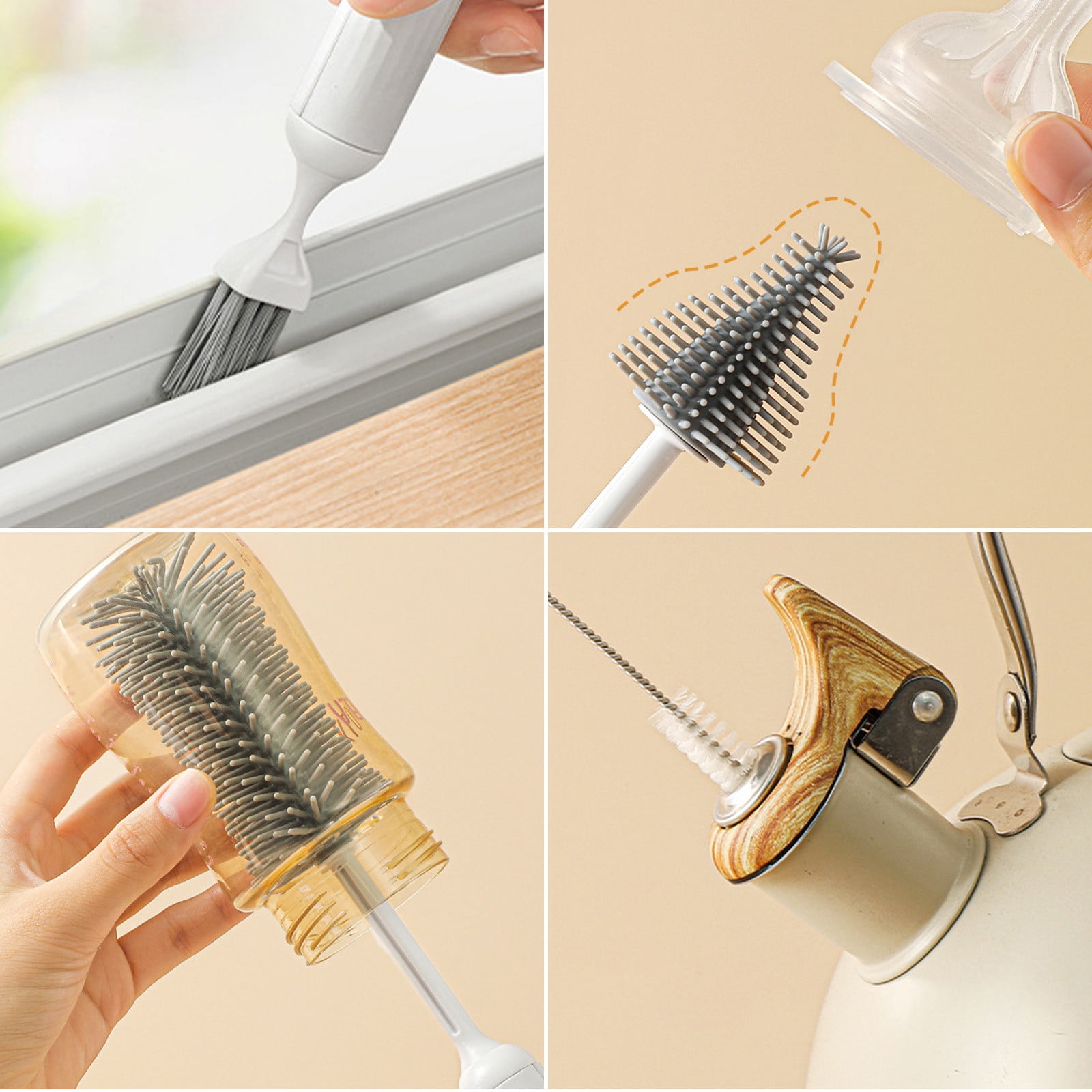 6 Piece Bottle Brush Cleaning Set, Assorted Sizes with Storage Rack, Silicone Material for Deep Clean, for Kitchen, Bathroom, Household Use