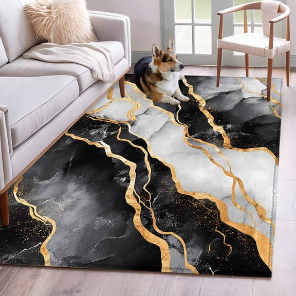 2.7'x5' Area Rugs, Black Marble Indoor Outdoor Area Rug for Living Room Bedroom, Modern Luxury Golden Ink Painting Washable Bathroom Rugs Kitchen Floor Carpet Mats Home Decor Aesthetic