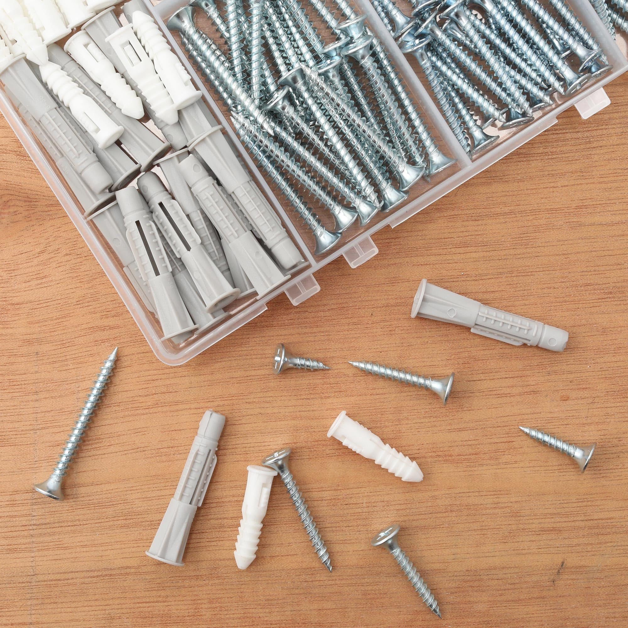 High Hardness Wood Screws Assortment Kit and Plastic Wall Anchors, 203 pcs 1/2" to 1-1/2" Phillips Drive Flat Head Screws & 30 pcs M6 Drywall Anchors
