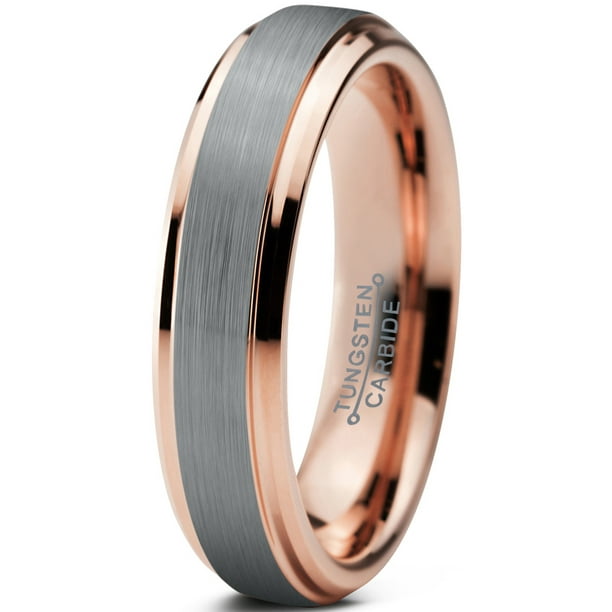 Tungsten Wedding Band Ring 4mm for Men Women Comfort Fit 18K Rose Gold Plated Beveled Edge Brushed Polished Lifetime Guarantee