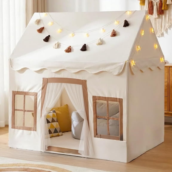 BESTSKY Kids Play Tent Mat Kids Playhouse 2 Windows Star Lights Tassel Garland Indoor Outdoor Reading Nook Machine Washable Cover Gifts Girls Boys 42"*27"*38" Beige