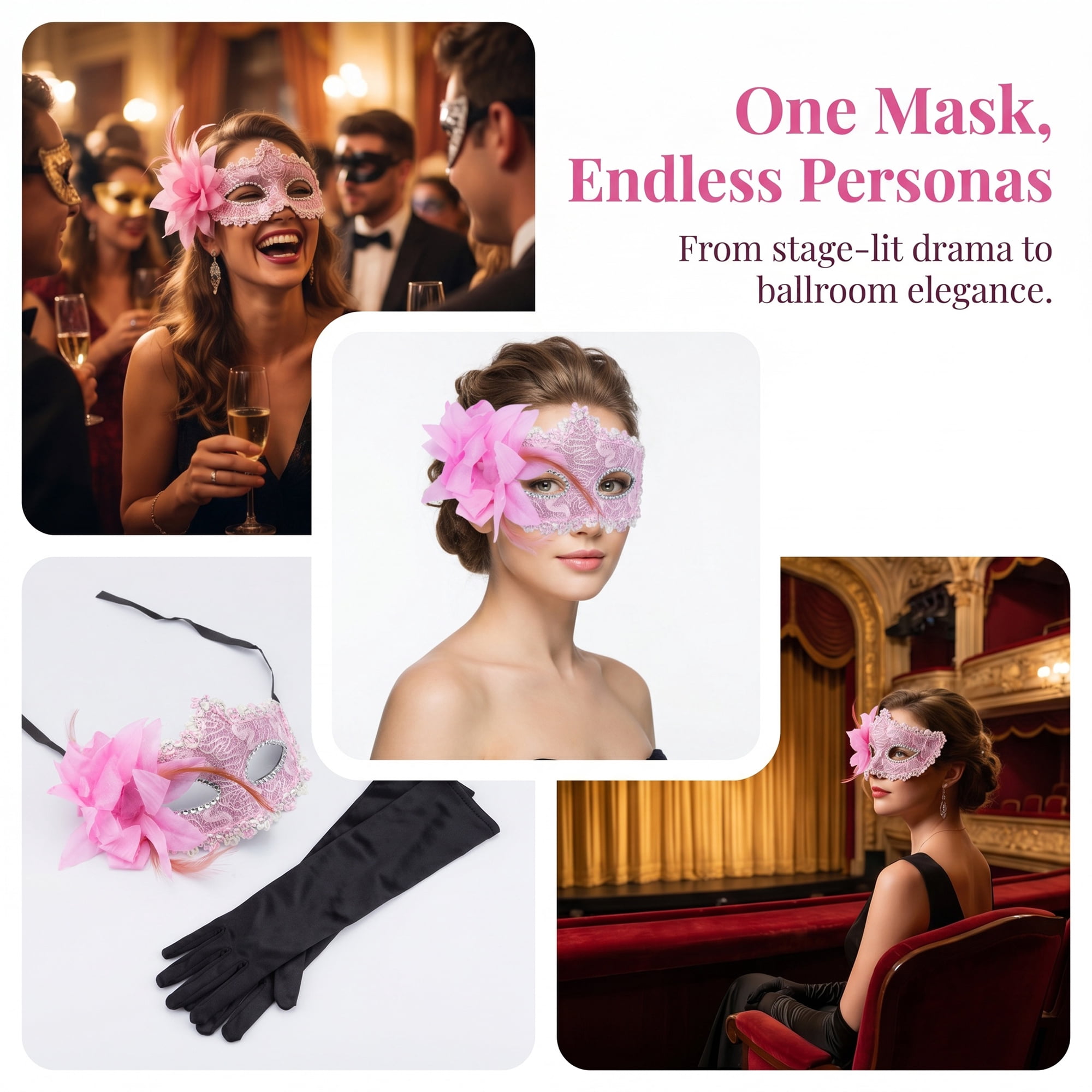 Unique Bargains Venetian Masquerade Mask, Side Flower Rose Eye Mask Pink 6.3" x 4.3"