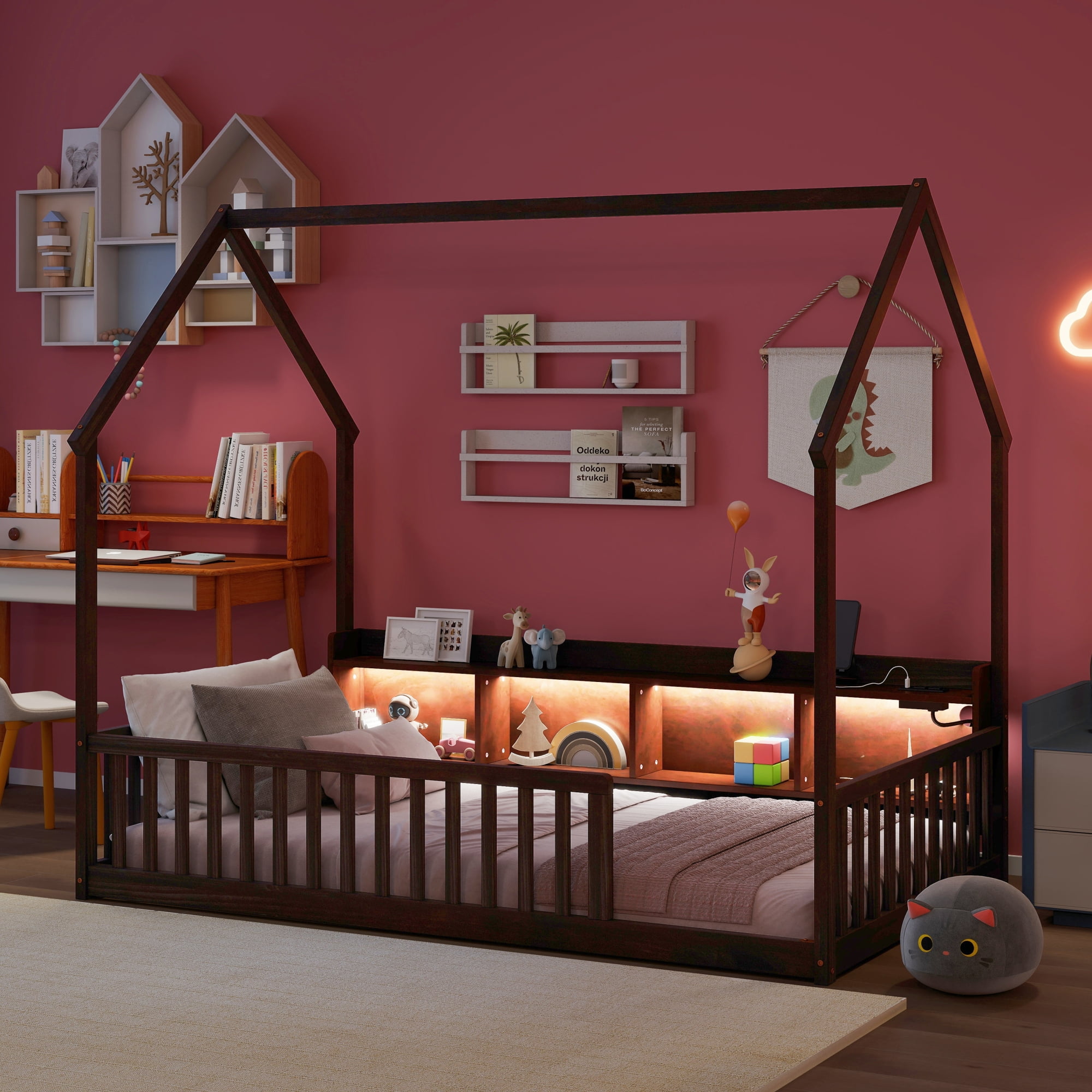Leumius Full Size House Floor Bed with Storage Shelves,Built-in LED Lights & Charging Station,Pine Wood Floor Bed Frame with Safety Guardrails for Kids Bedroom Espresso