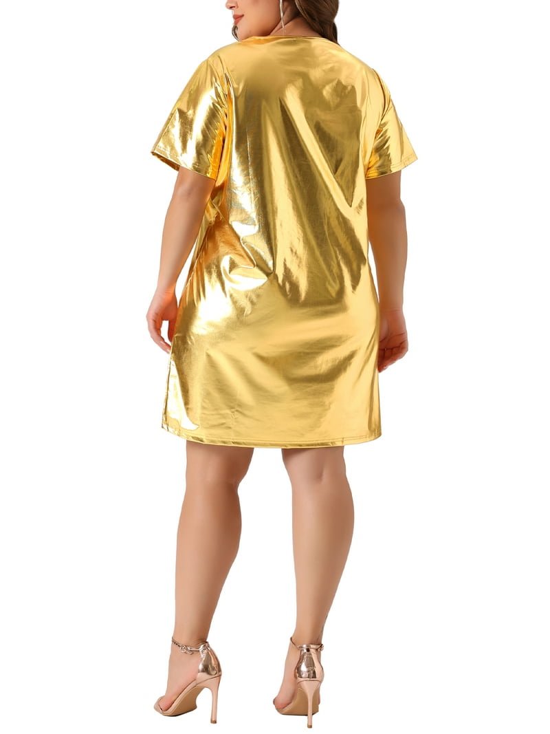 Agnes Orinda Women's Plus Size Formal Dress Metallic Round Neck Short Sleeve Party Clubwear Loose Mini T-Shirt Dresses 4X Gold, Size: 4XL