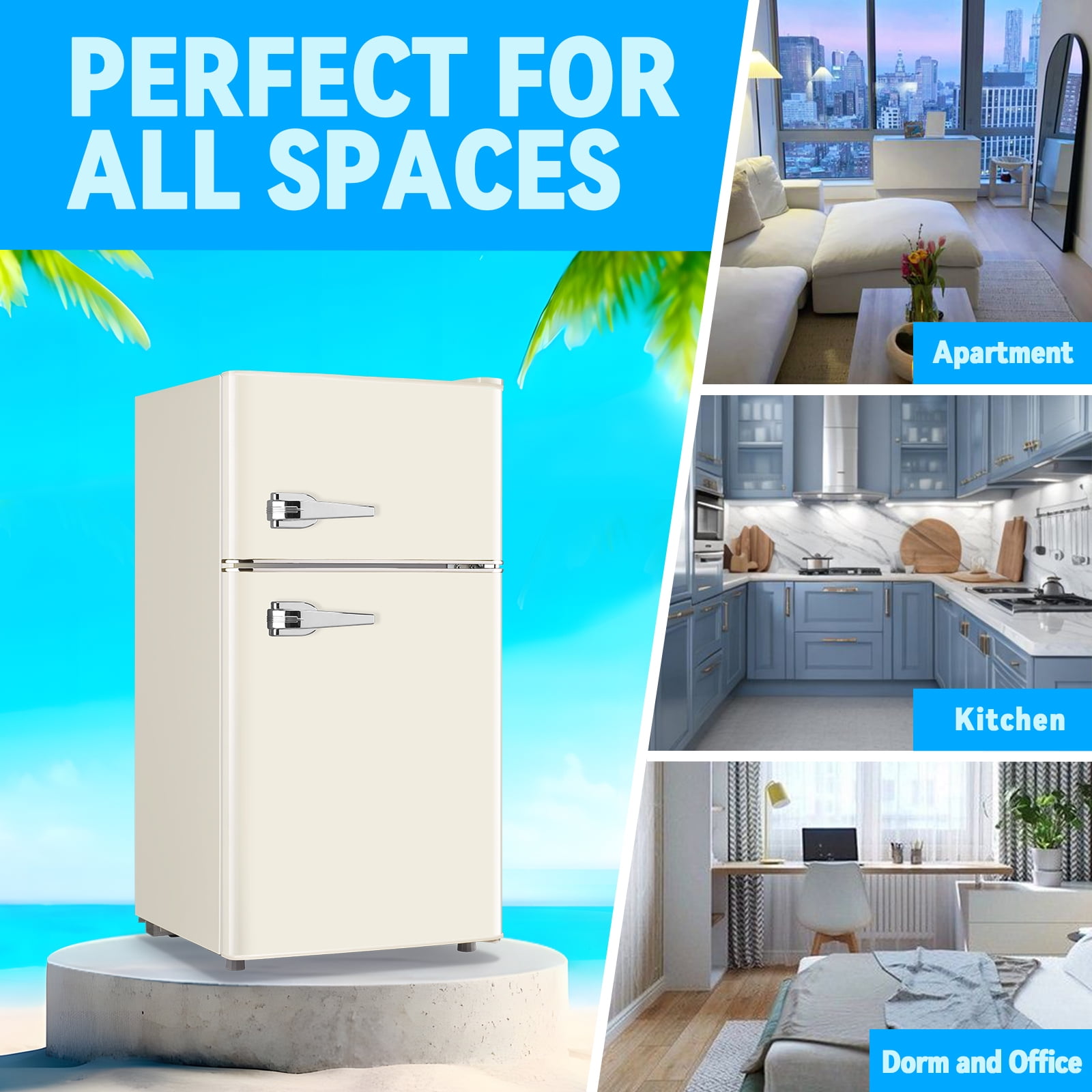 TACOOL Small Refrigerator with Freezer Retro Mini Fridge with Removable Shelves LED Light for Apartment 3.4Cu.Ft White
