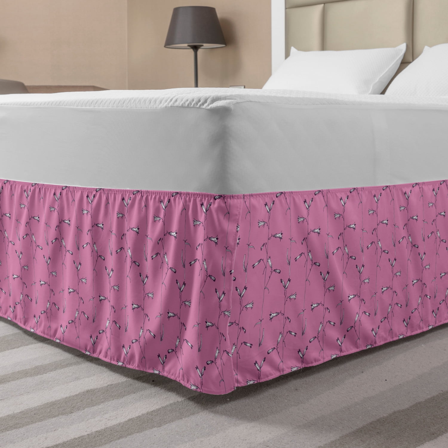 Floral Bed Skirt, Continuous Pattern of Hand Drawn Herbs and Flowers