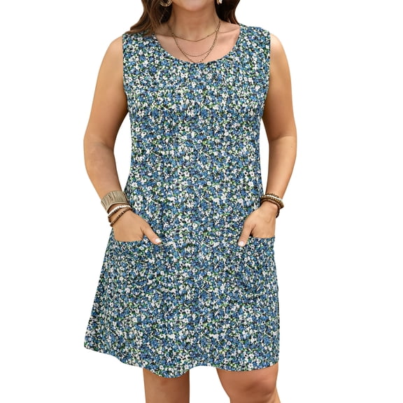LANREMON Womens Dress Plus Size Summer Dresses Blueleaf Scoop Neck Sleeveless Sundresses Beach Vacation Dresses with Pockets 3XL